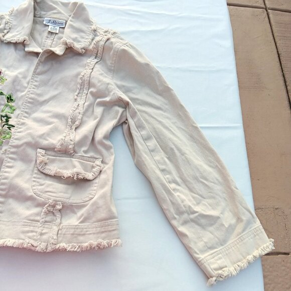 J Marco Embroidered Denim Jacket Frayed Stretch Beige Tan Shabby Chic Rose Large - Picture 4 of 7